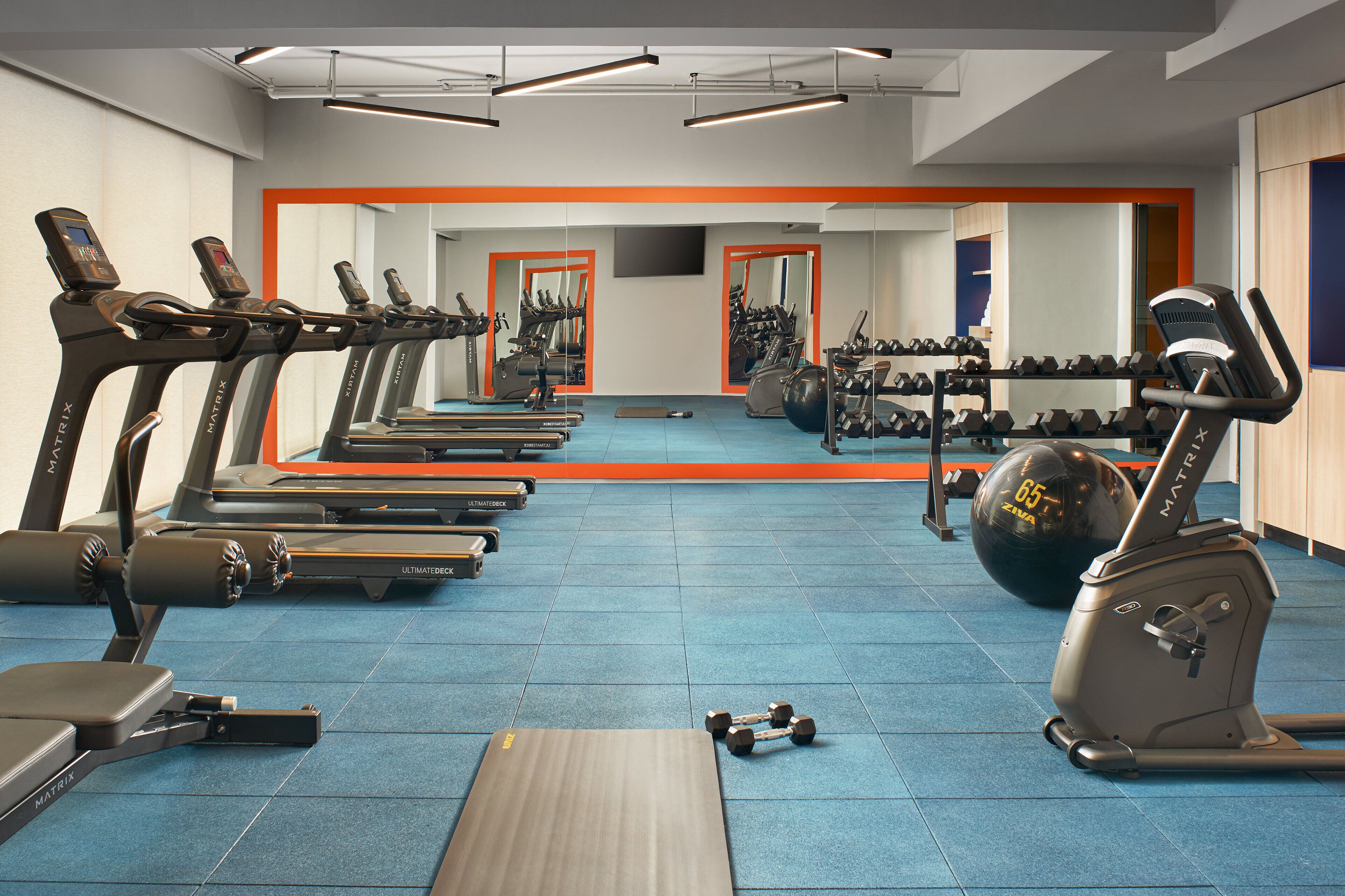 Une salle de sport équipée de tapis de course, d’haltères et de ballons d’exercice.