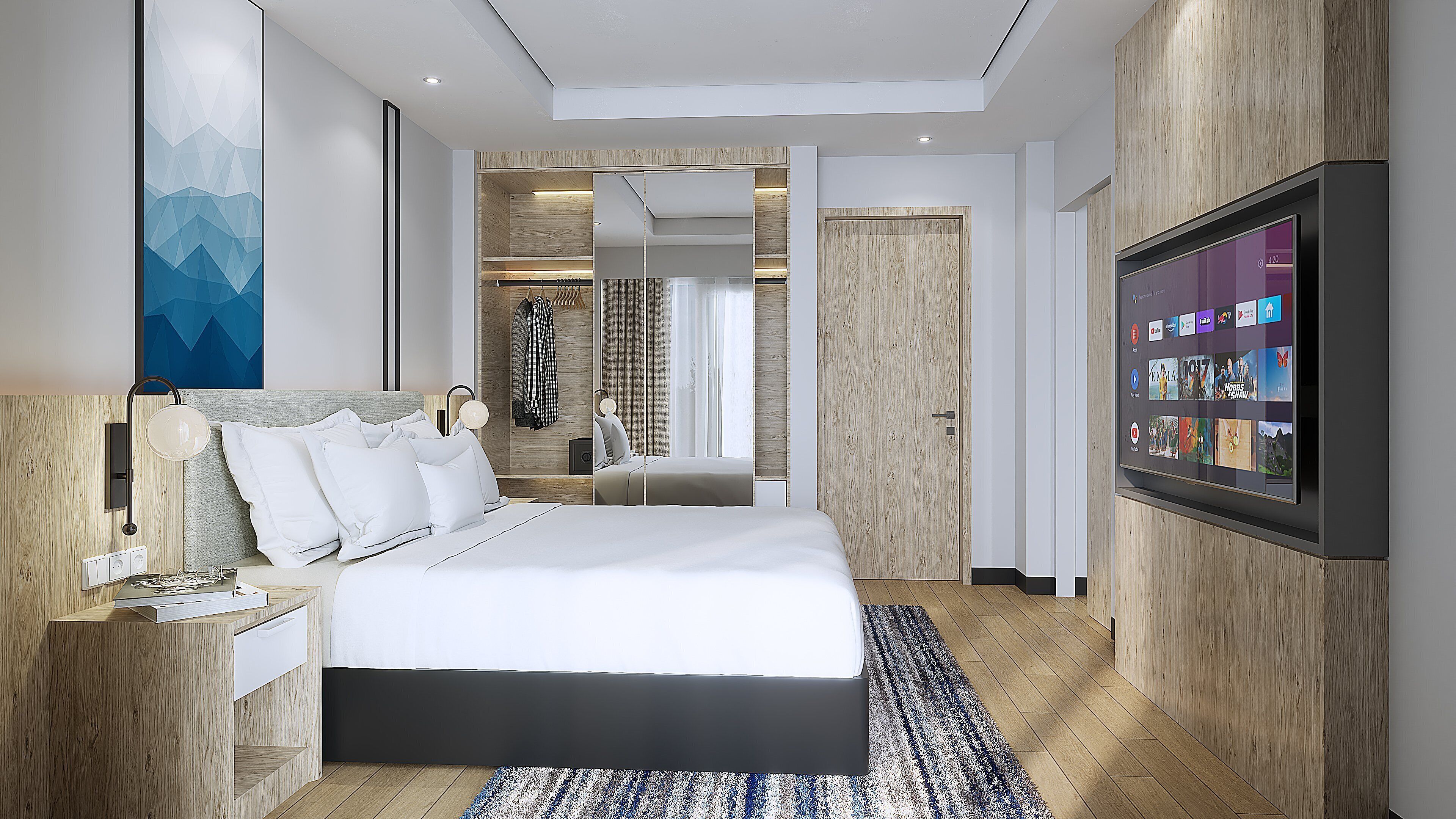 Moderni hotellihuone, jossa on suuri sänky, litteänäyttöinen televisio ja puusta tehty koristeellinen seinä.