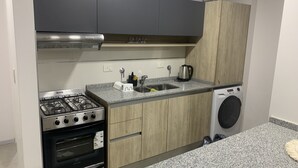 A compact kitchen with a gas stove, oven, sink, and a washing machine.