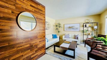 Smart TV, fireplace, books