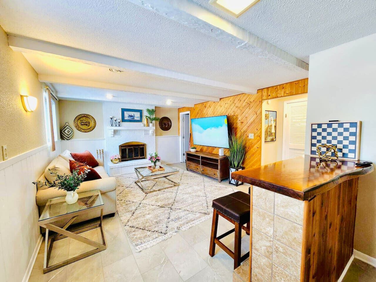 Smart TV, fireplace, books