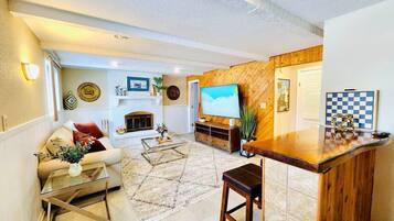 Smart TV, fireplace, books