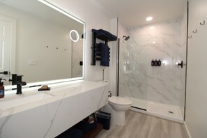 Shower, eco-friendly toiletries, hair dryer, towels