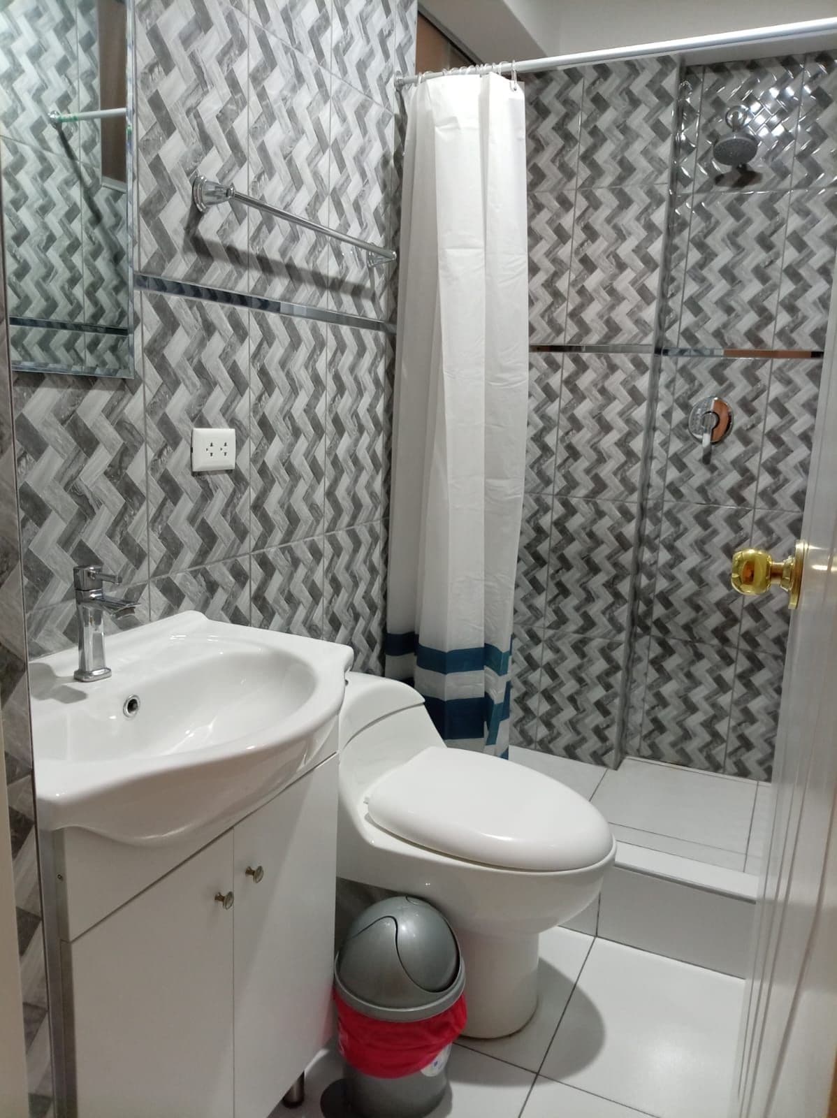 A bathroom with a sink, toilet, shower, and a trash bin.