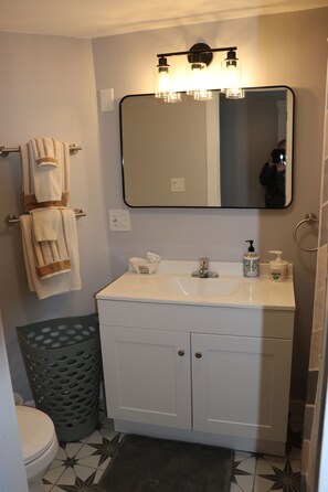 A bathroom with a white sink, a mirror, and a towel rack. - Stylish 2BR Bungalow | Near Airport & Downtown DSM, Newly remodled and close to downtown Des Moines (Des Moines)