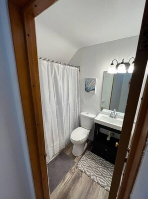 Combined shower/tub, towels, soap, toilet paper