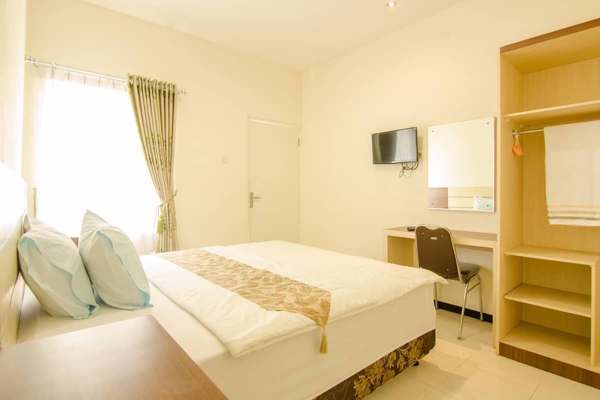 A hotel room with a bed, a desk, a TV, a mirror, and a wardrobe.