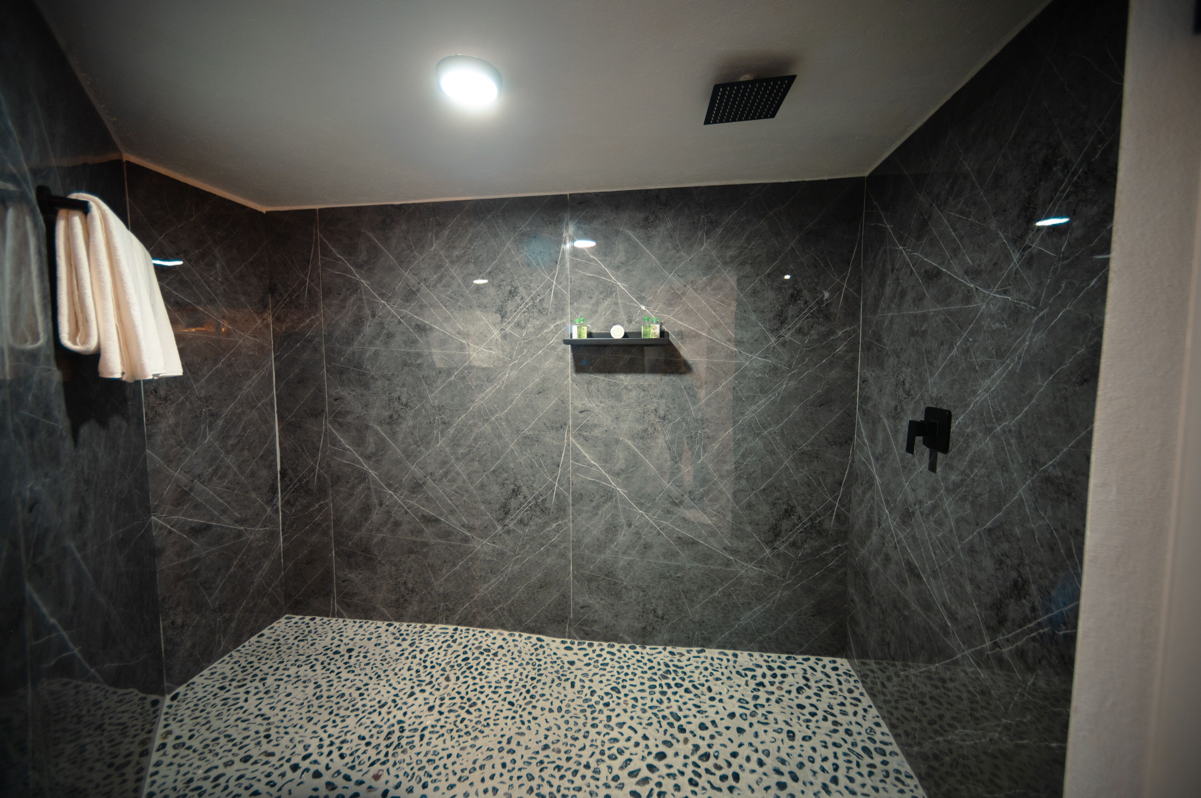 Une salle de bain moderne avec des murs en marbre foncé, un espace douche et un porte-serviettes.