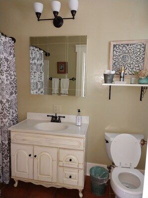 Hair dryer, towels, soap, shampoo