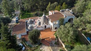 A villa with multiple domed structures, a courtyard, and a surrounding garden. - Vole  Authentic trullo in Itria valley (CEGLIE MESSAPICA)
