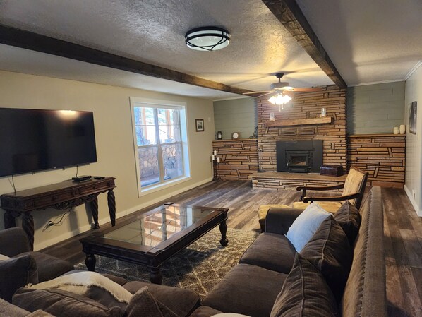 Smart TV, fireplace, video games, DVD player