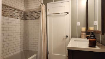 Hair dryer, towels, soap, shampoo