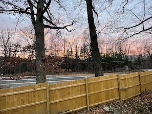 Una valla de madera, un camino y árboles sin hojas contra un cielo al atardecer.