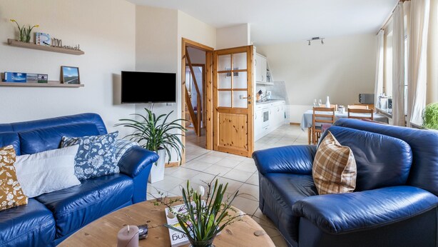 Una sala de estar con un sofá azul, una mesa de centro y un televisor. Se ve una cocina al fondo con una mesa de comedor y sillas.