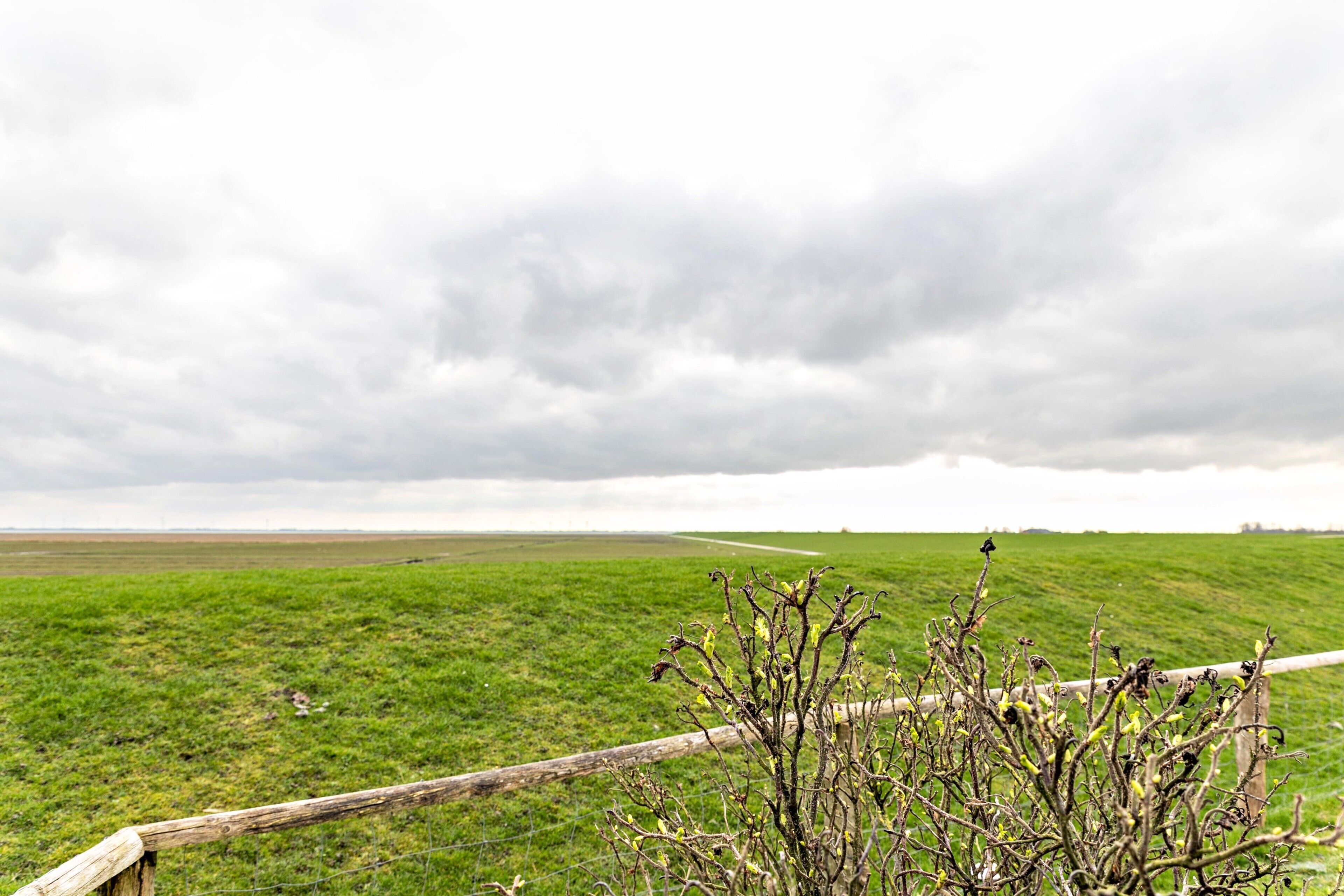 A rural landscape with a fence, a grassy field, and a cloudy sky.