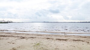Ein Strand mit ruhigem Meer, Bäumen in der Ferne und einem bewölkten Himmel.