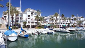 Un puerto deportivo con barcos amarrados, un edificio blanco con balcones y palmeras.