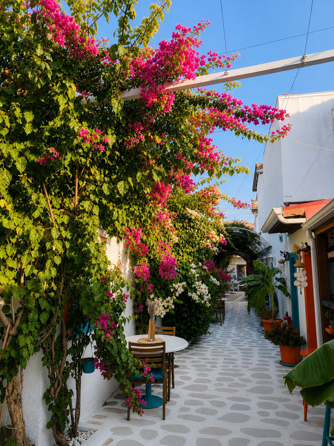 Un estrecho callejón con un edificio blanco en un lado, una mesa y sillas dispuestas afuera, y una maceta colgante con flores.