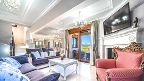 Ein großzügiges Wohnzimmer mit Kamin, Fernseher und Blick ins Freie.