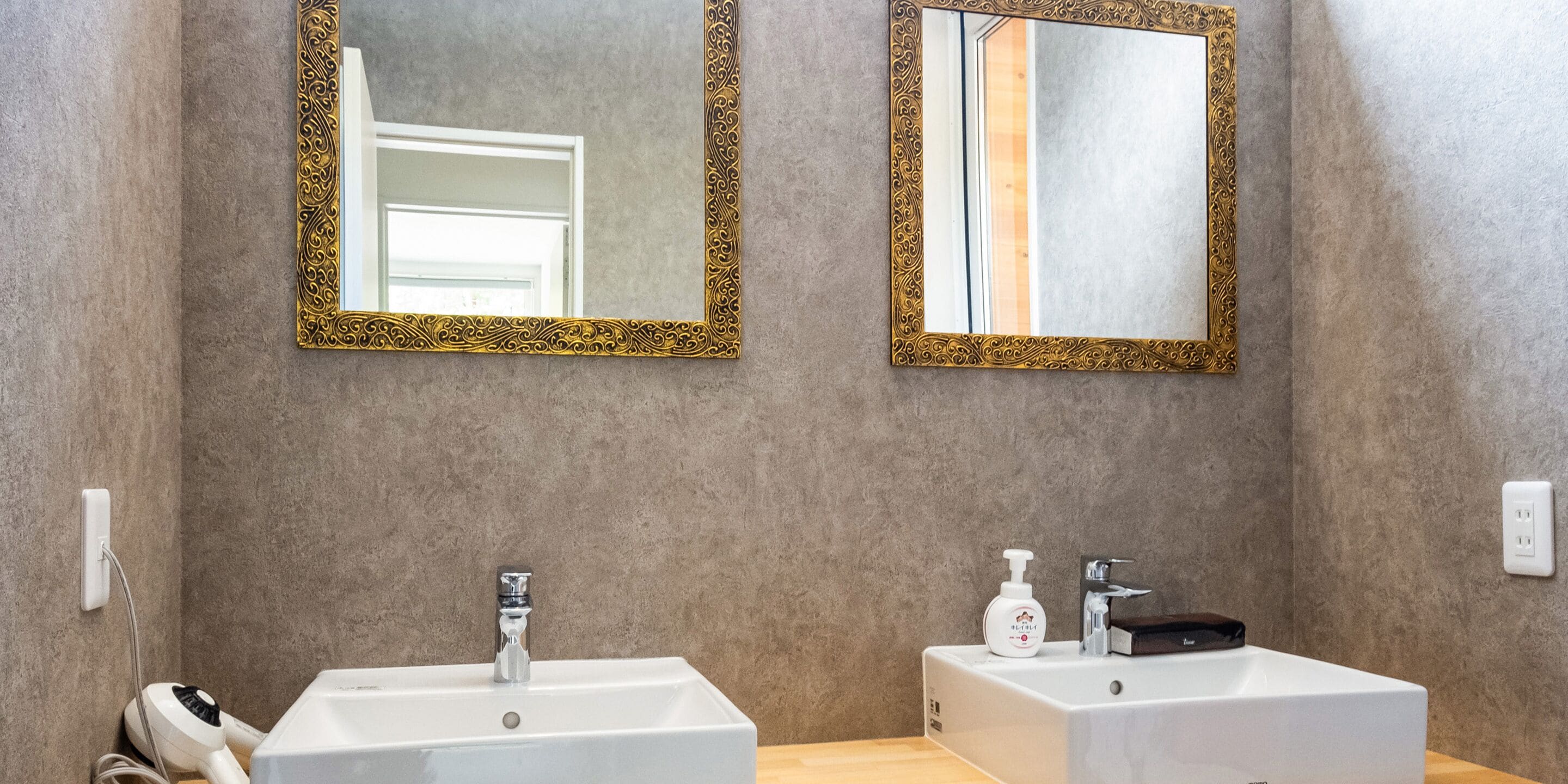 A bathroom with two sinks, a hairdryer, and a soap dispenser.