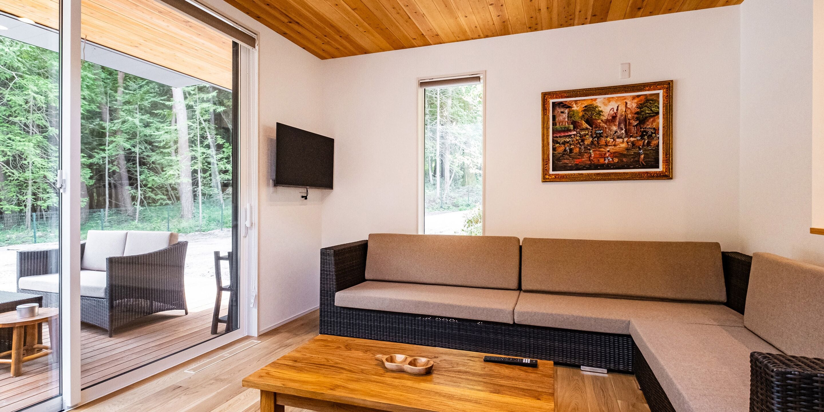 A modern living room with a sofa, a television, and a painting.