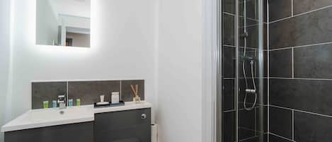 Shower, hair dryer, towels, soap