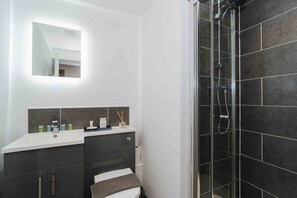 Shower, hair dryer, towels, soap