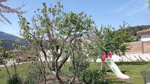 A garden with a small tree, a slide, and a metal chair. - LE Gîte LA Maison DE Papou Le Tilleul (Nans-les-Pins)