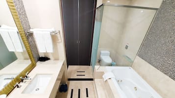 Hair dryer, slippers, towels, soap