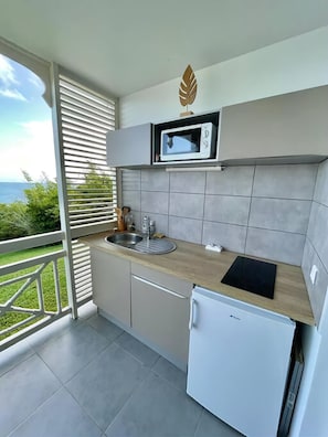 Kjøleskap, mikrobølgeovn, kokeplater og kaffetrakter/tekoker