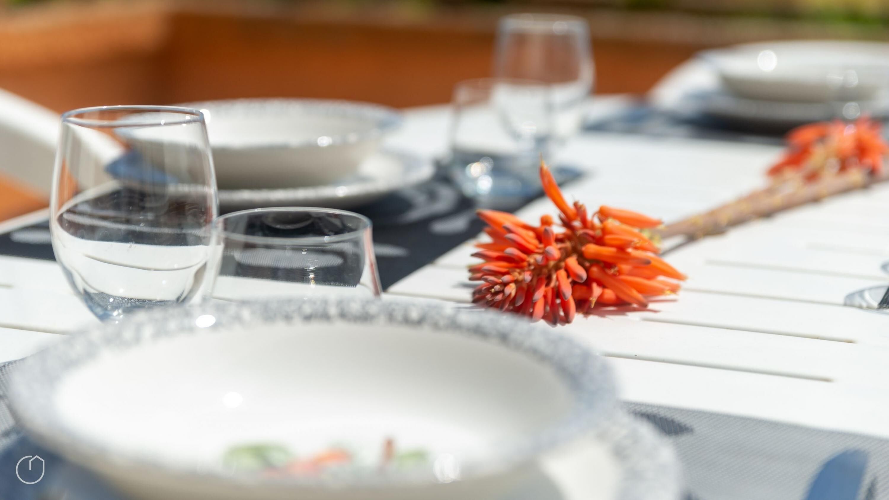 A dining table set with plates, glasses, and a decorative plant.