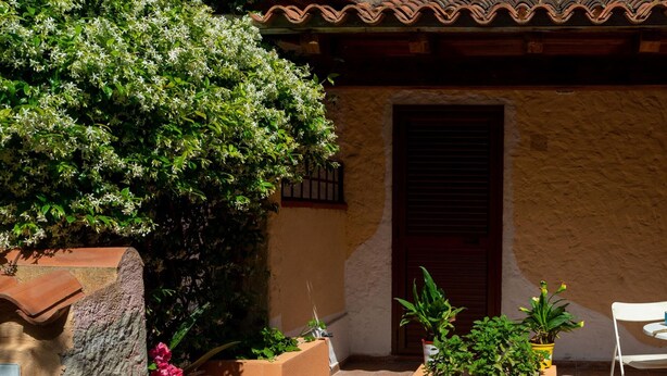 A courtyard with a stone bench, potted plants, and a tiled roof. - La Casa di Elisabetta (Budoni)