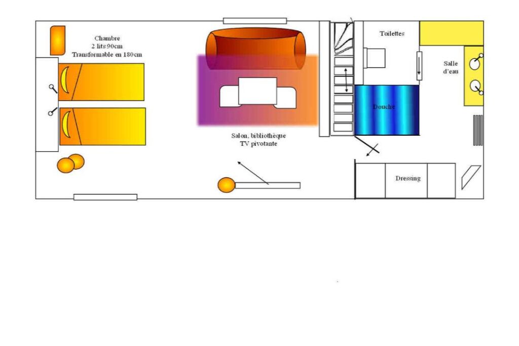 Un aménagement de chambre d’hôtel comprenant un espace nuit transformable, une salle de bain, un coin dressing et un petit coin salon.