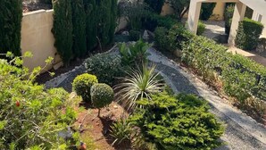 Un jardín con diversas plantas, un sendero y una pequeña estructura con techo de tejas.