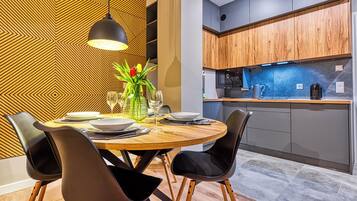 Apartment (111) | Private kitchenette | Fridge, stovetop, electric kettle, cookware/dishes/utensils