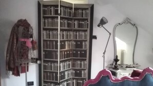 Une chambre à coucher avec un lit, une bibliothèque, un miroir et une lampe.