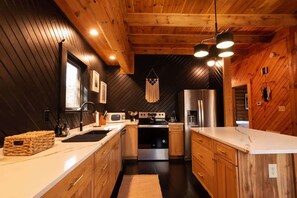 Fridge, microwave, oven, stovetop - Chic Cabin w/ Fast WiFi & Fire Pit near Fun (Smoky Mountains)