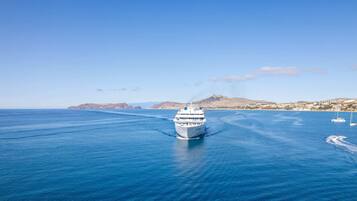 Un gran crucero navegando en un mar tranquilo con cielo despejado y tierra a lo lejos.