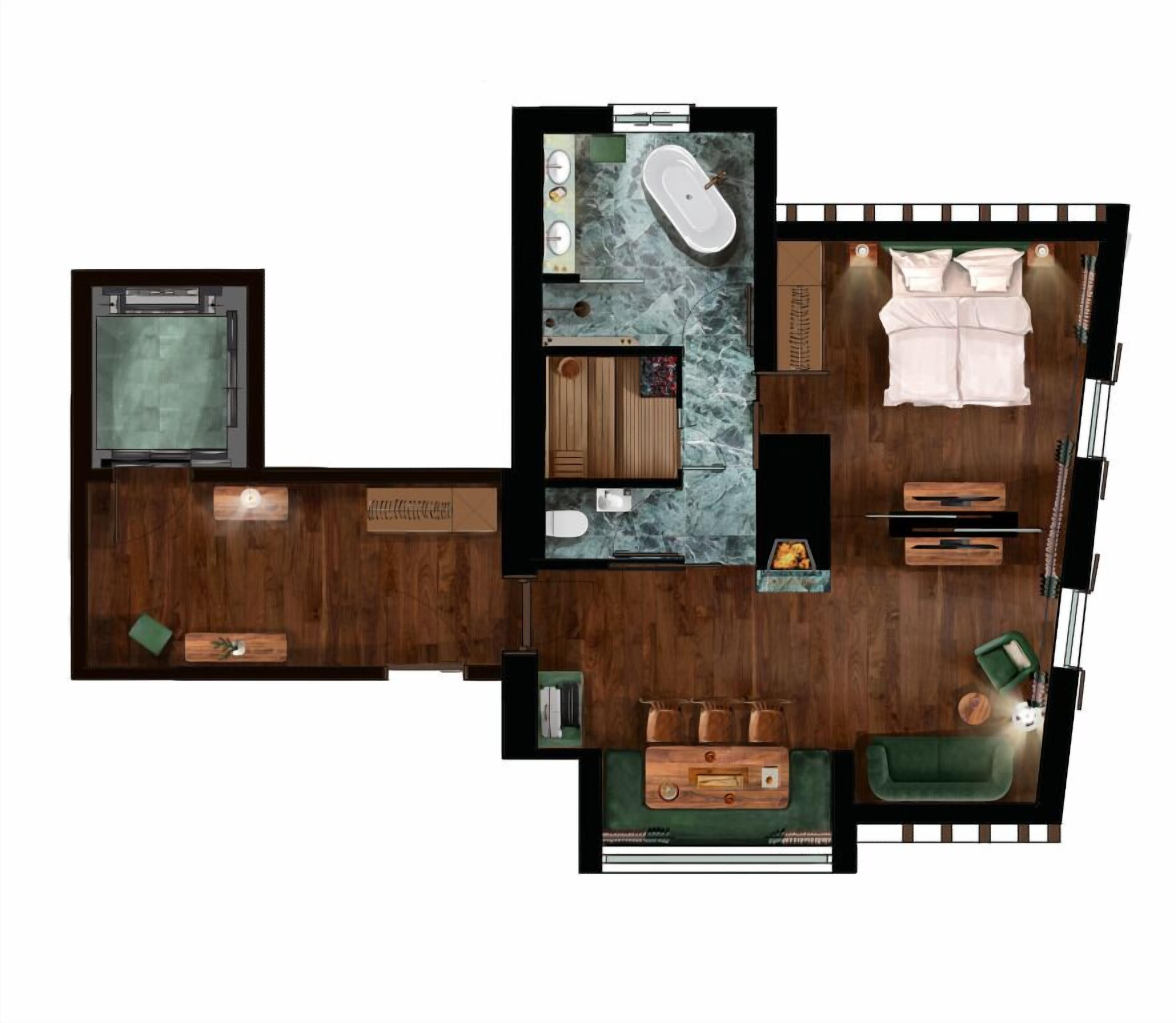 A hotel room layout with a TV, a bathroom, a seating area, and a small kitchenette.