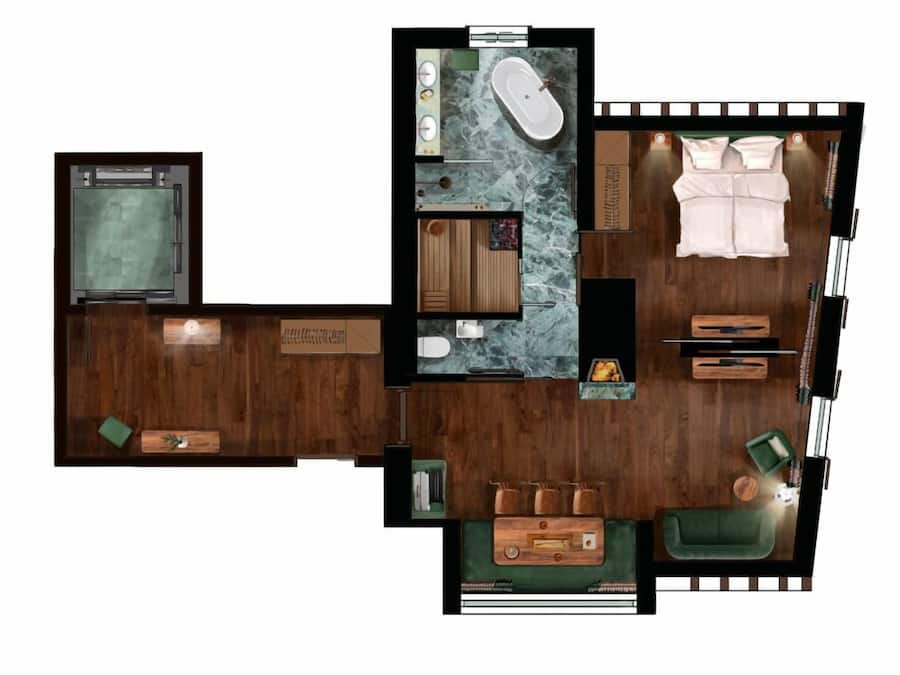A hotel room layout with a TV, a bathroom, a seating area, and a small kitchenette.