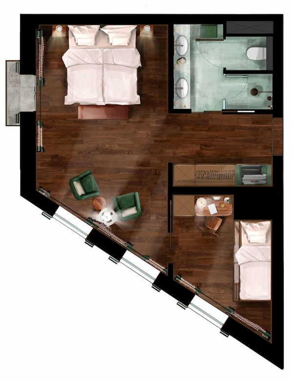 A hotel room layout with a bed, two green armchairs, a small table, and a desk. - Posthotel Taube (Schruns)