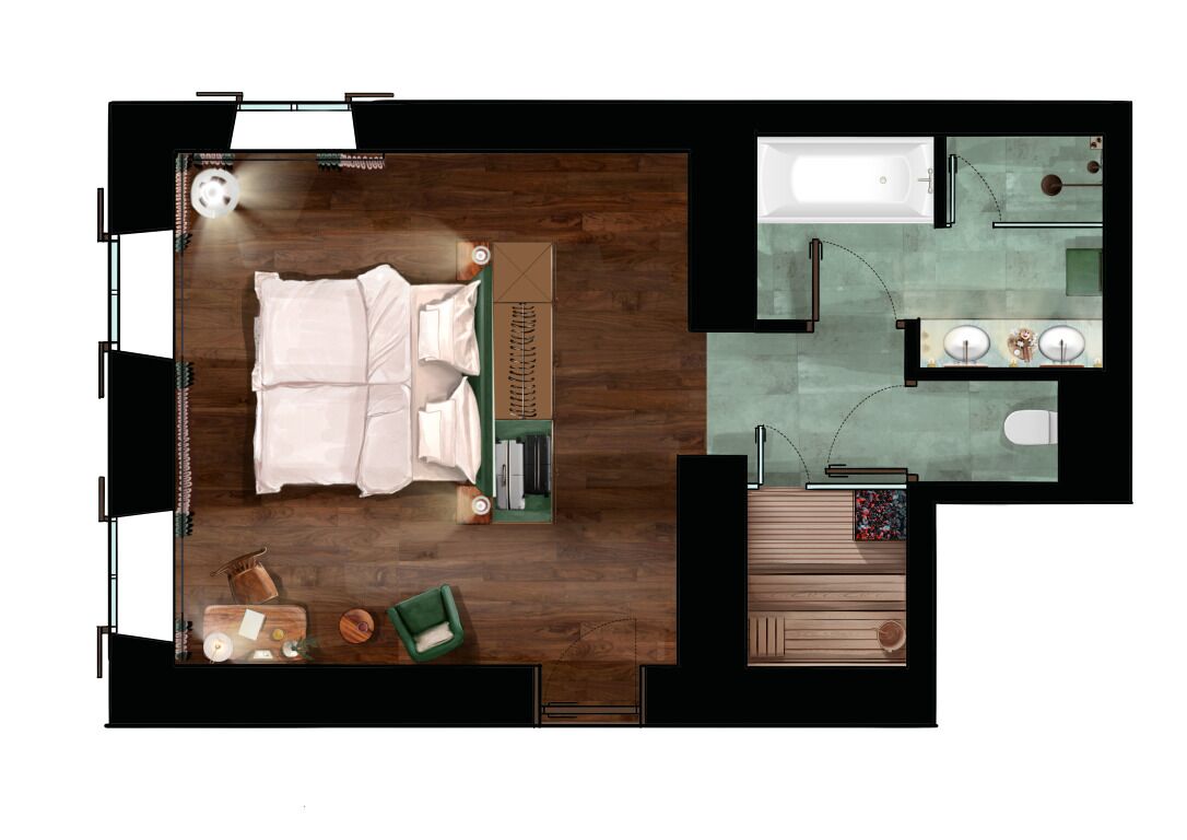 Un dormitorio con cama, mesita de noche y tocador. Incluye un baño con bañera, lavamanos e inodoro.