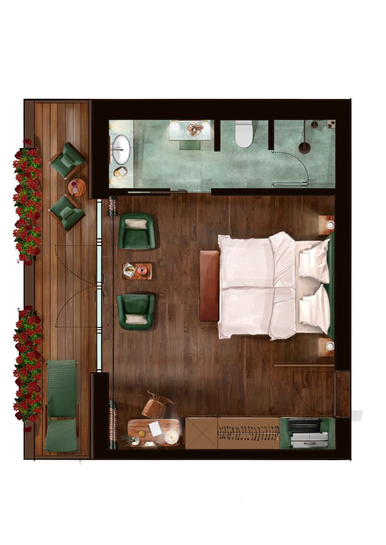 A room with a bed, two green armchairs, a wooden floor, a small table with a lamp, and a window.