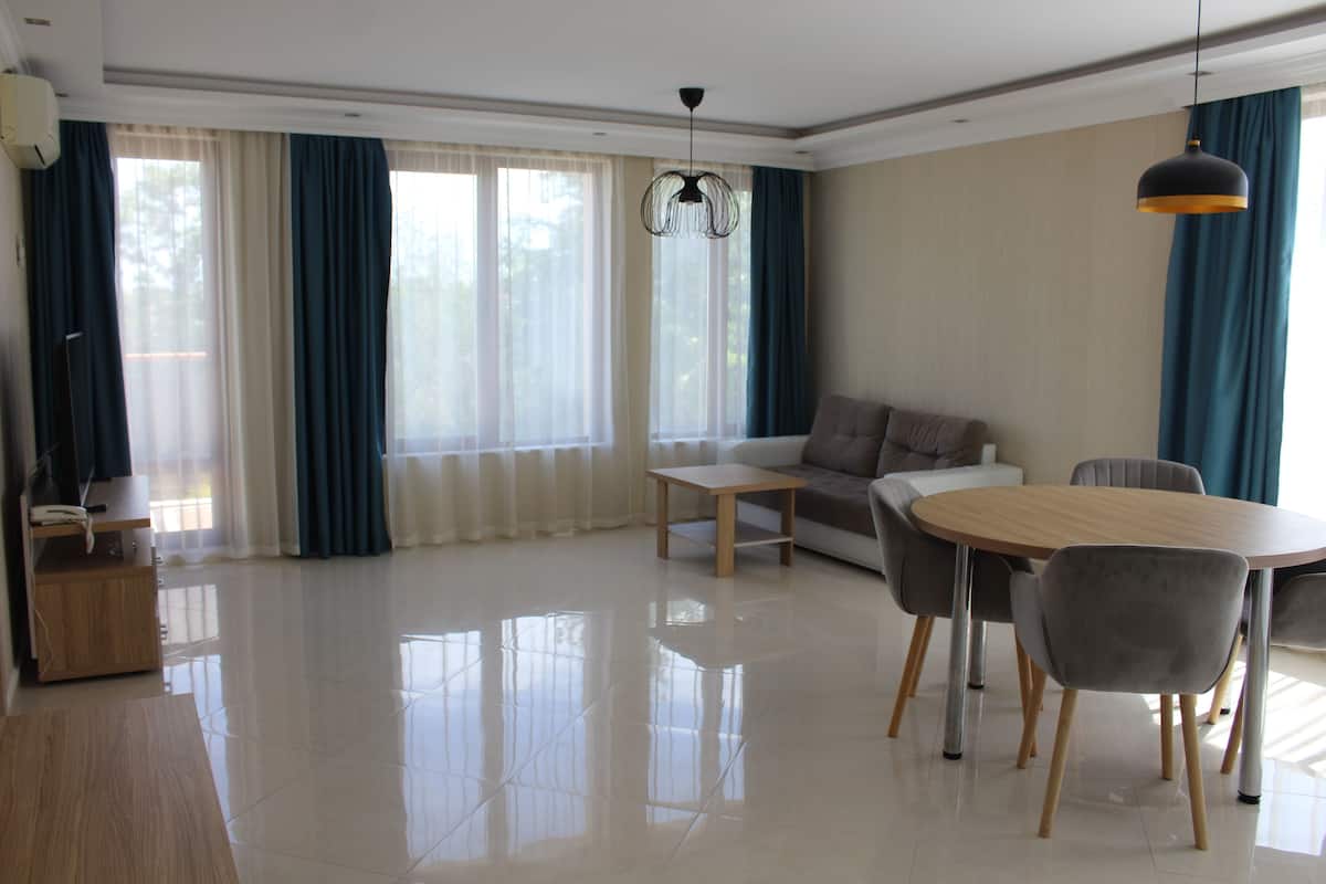 Una sala moderna con una mesa de comedor de madera, sillas grises, un sofá y una mesa de centro.
