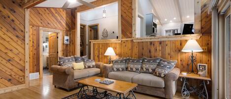 TV, fireplace, DVD player, books