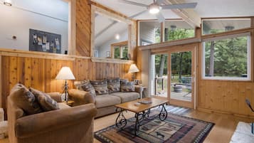 Een televisie, een open haard, een dvd-speler en boeken