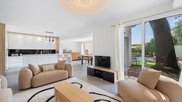 Télévision, cheminée, table de tennis de table, espaces bureaux