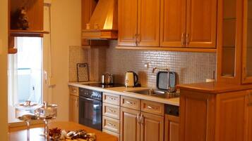 Luxury Apartment | Private kitchen | Fridge, oven, stovetop, electric kettle