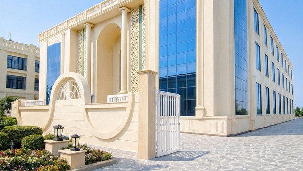 A modern building with large windows, a central archway, and a gated entrance. - Hotel Holiday Grand Near Expo Mart (Greater Noida)