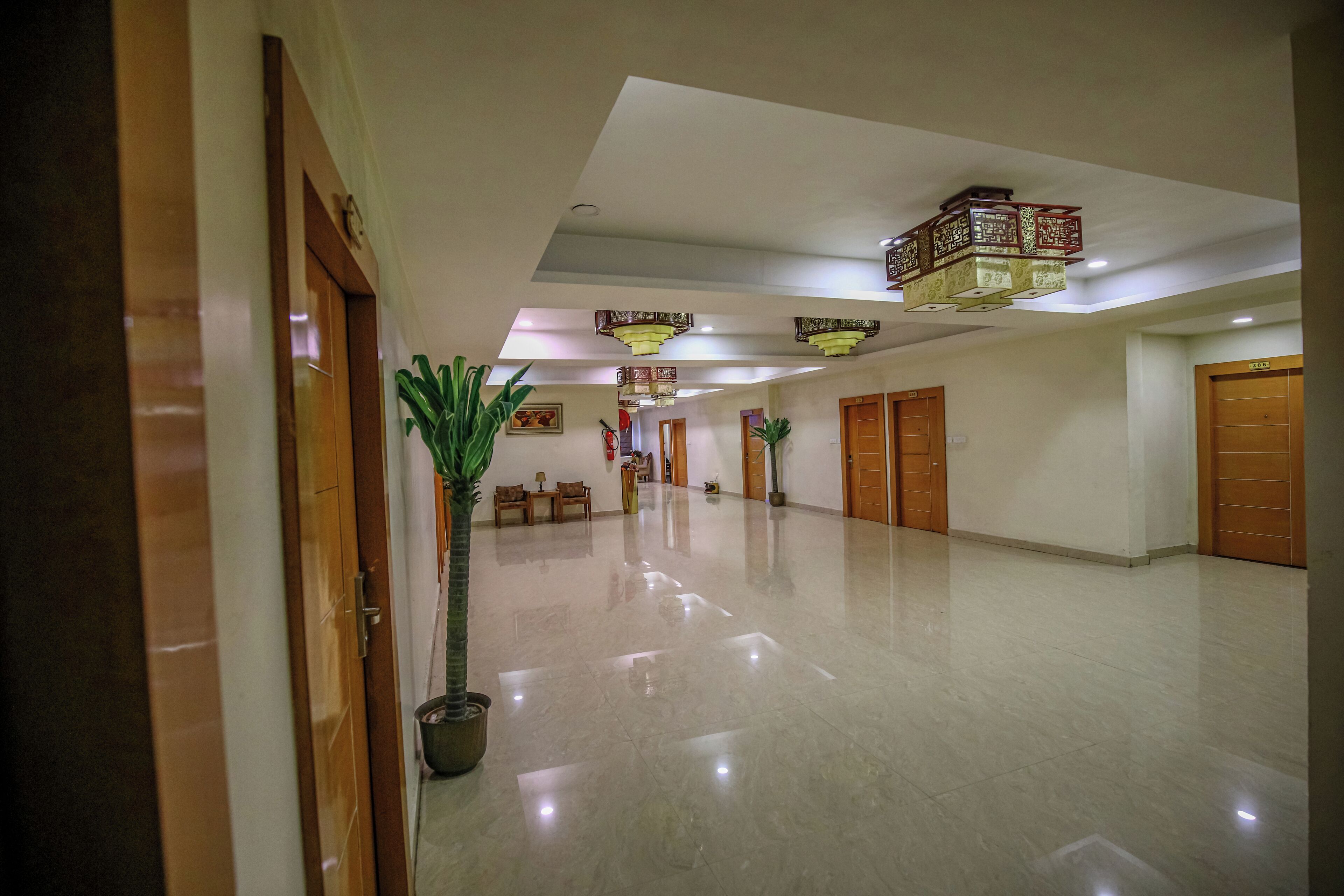 A spacious hallway with polished floors, wooden doors, and potted plants.